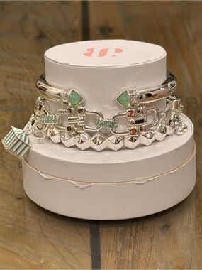 Bomb Party NWT Bracelet Stack “Cabana Club Royale” Silver with mint green stones